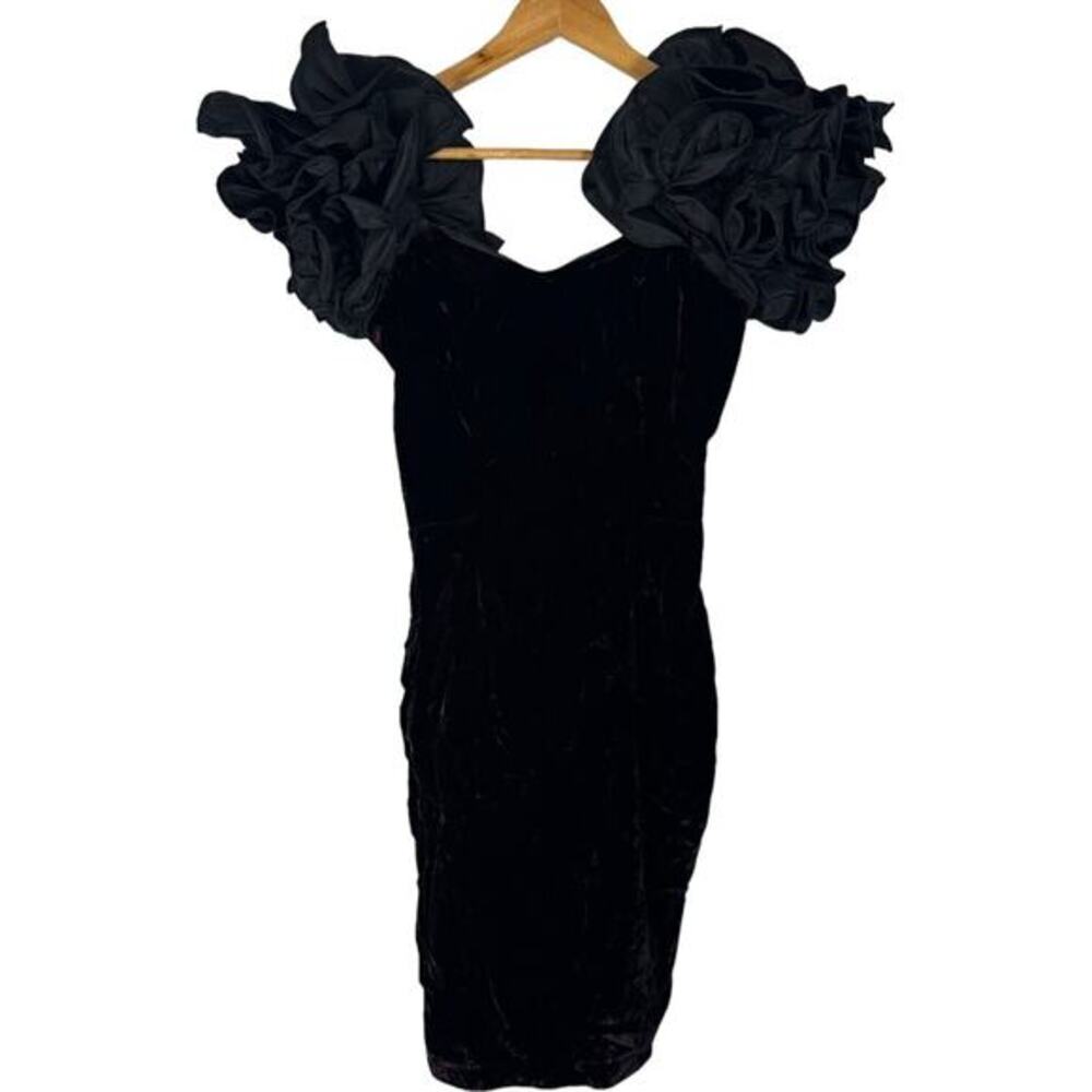 Vintage 80s Dave & Johnny Joseph Lara Purple Velvet Exaggerated Ruffle Dress SM